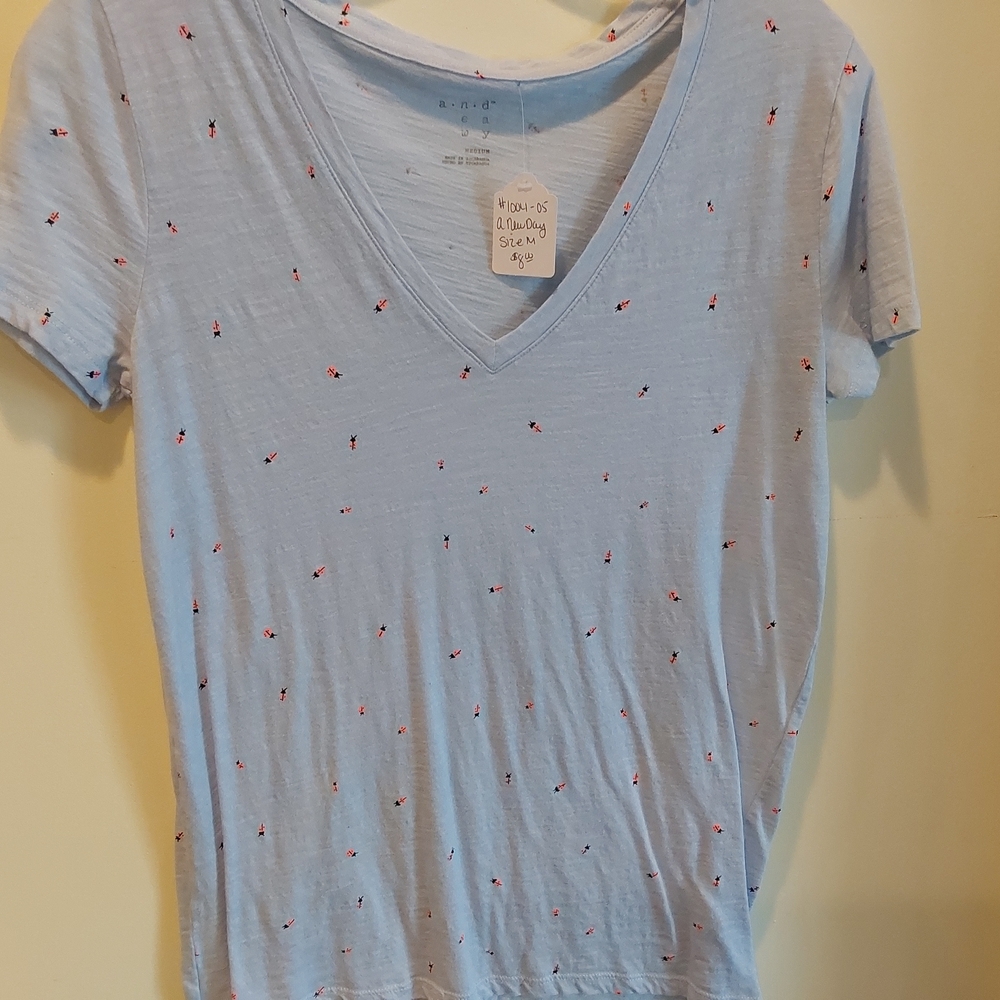 a new day Light Blue V-Neck Top with Red Accents